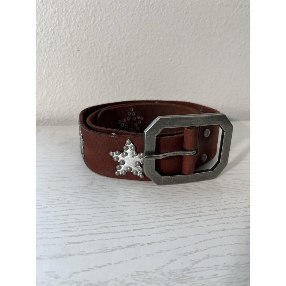 FREE PEOPLE Starcrossed Studded Leather Belt Brown Stars Big Buckle M/L Boho - Picture 2 of 6